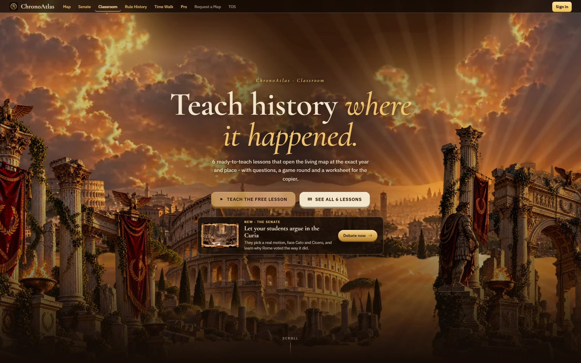 The Classroom page with six lessons, each with a year, a place and a worksheet
