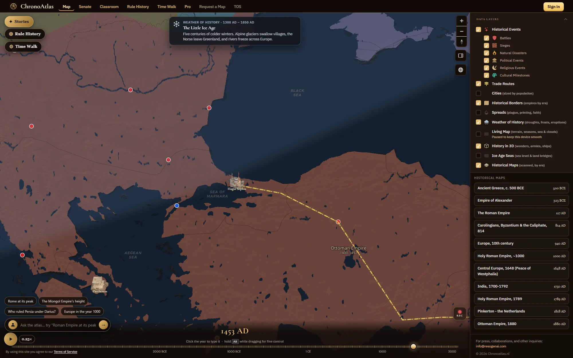 ChronoAtlas zoomed in on Constantinople in 1453 with borders, events and the timeline