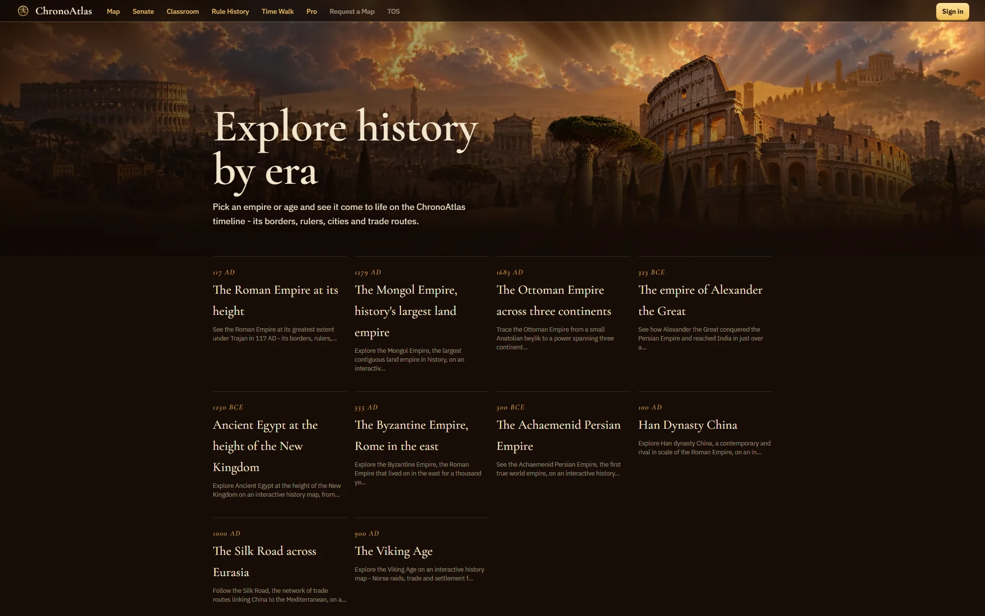 The Explore page on chronoatlas.nl with landing pages for ten empires and eras