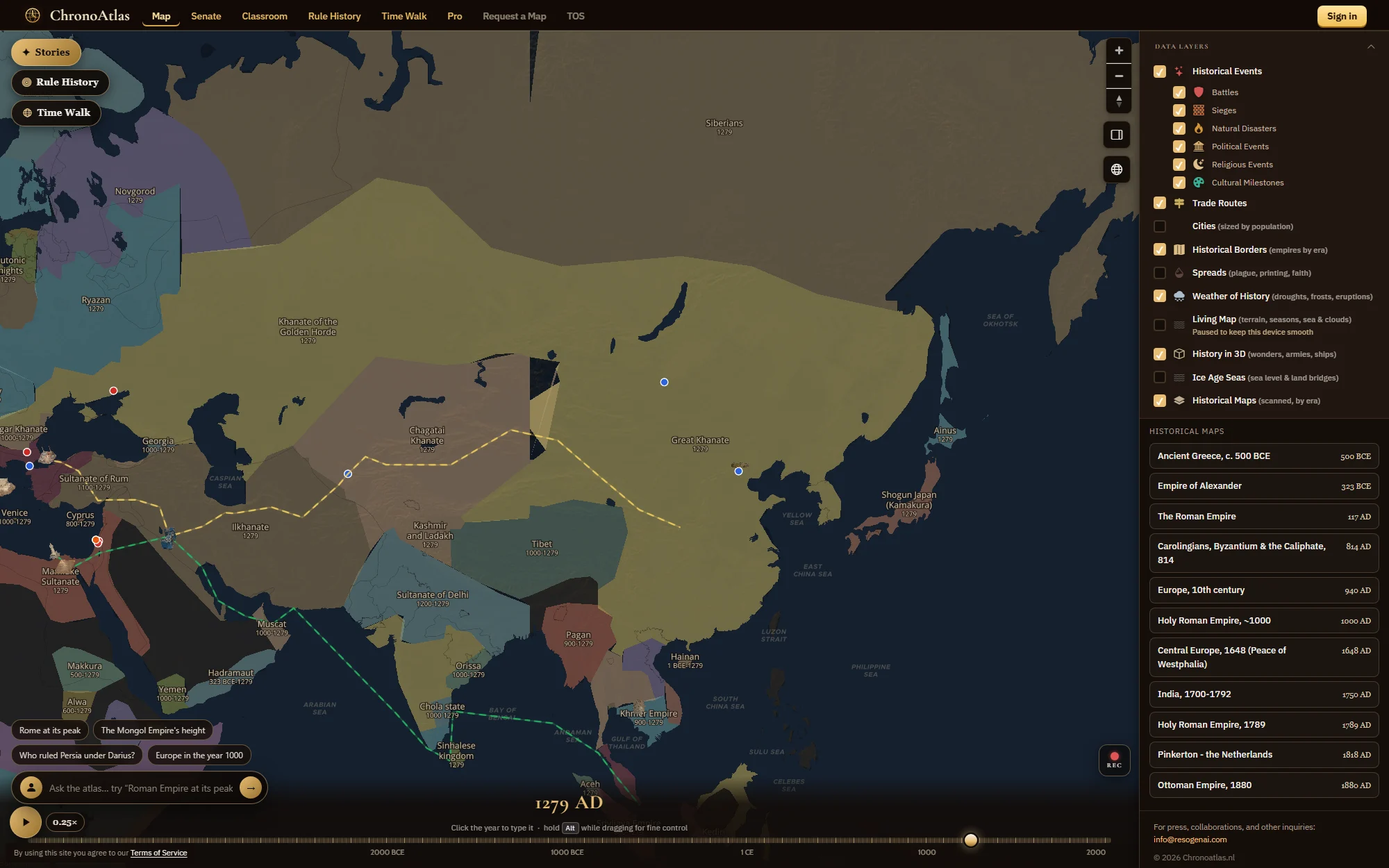 ChronoAtlas in 1279 showing the Mongol Empire across Asia