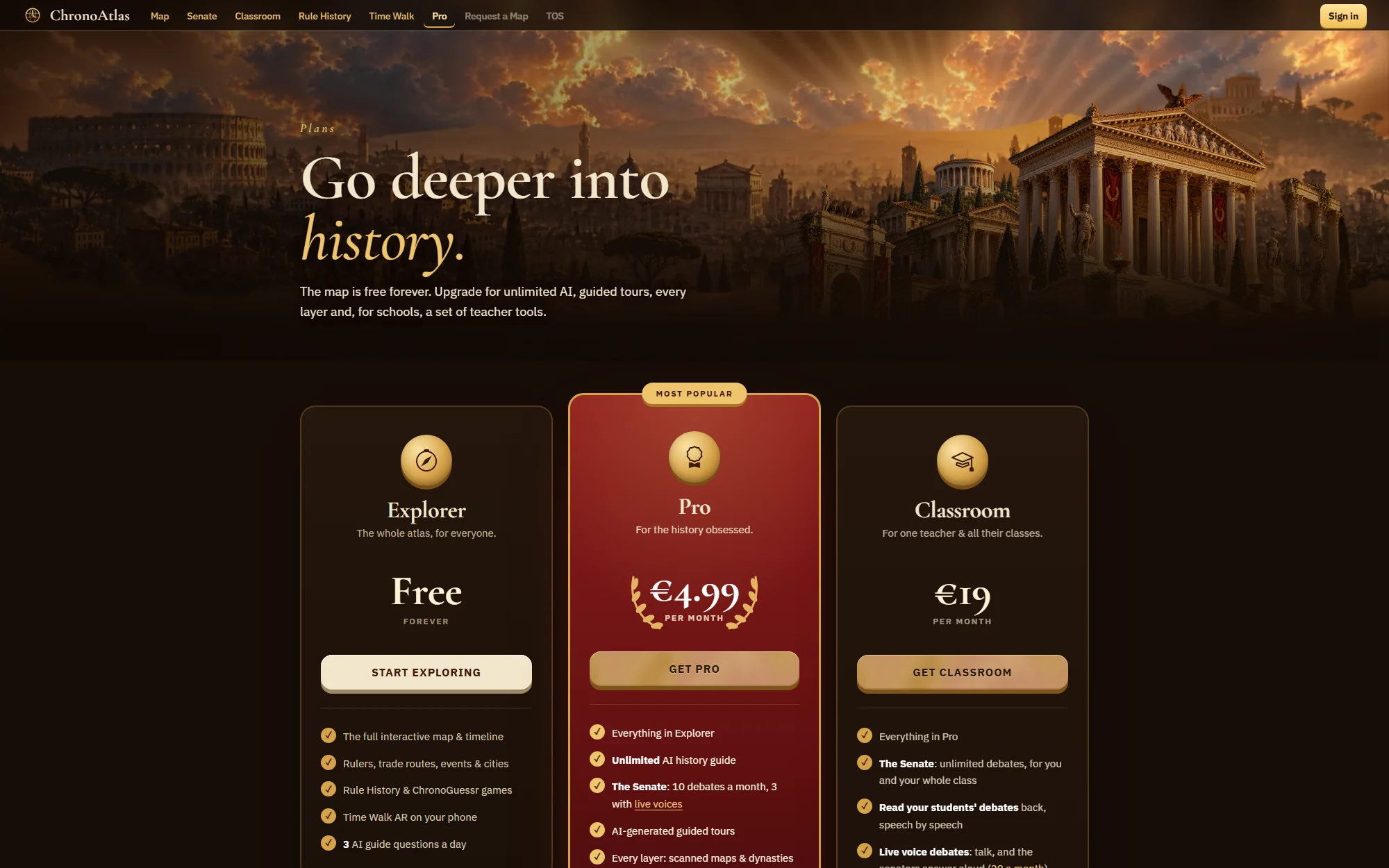 The pricing page on chronoatlas.nl with the Explorer, Pro and Classroom plans