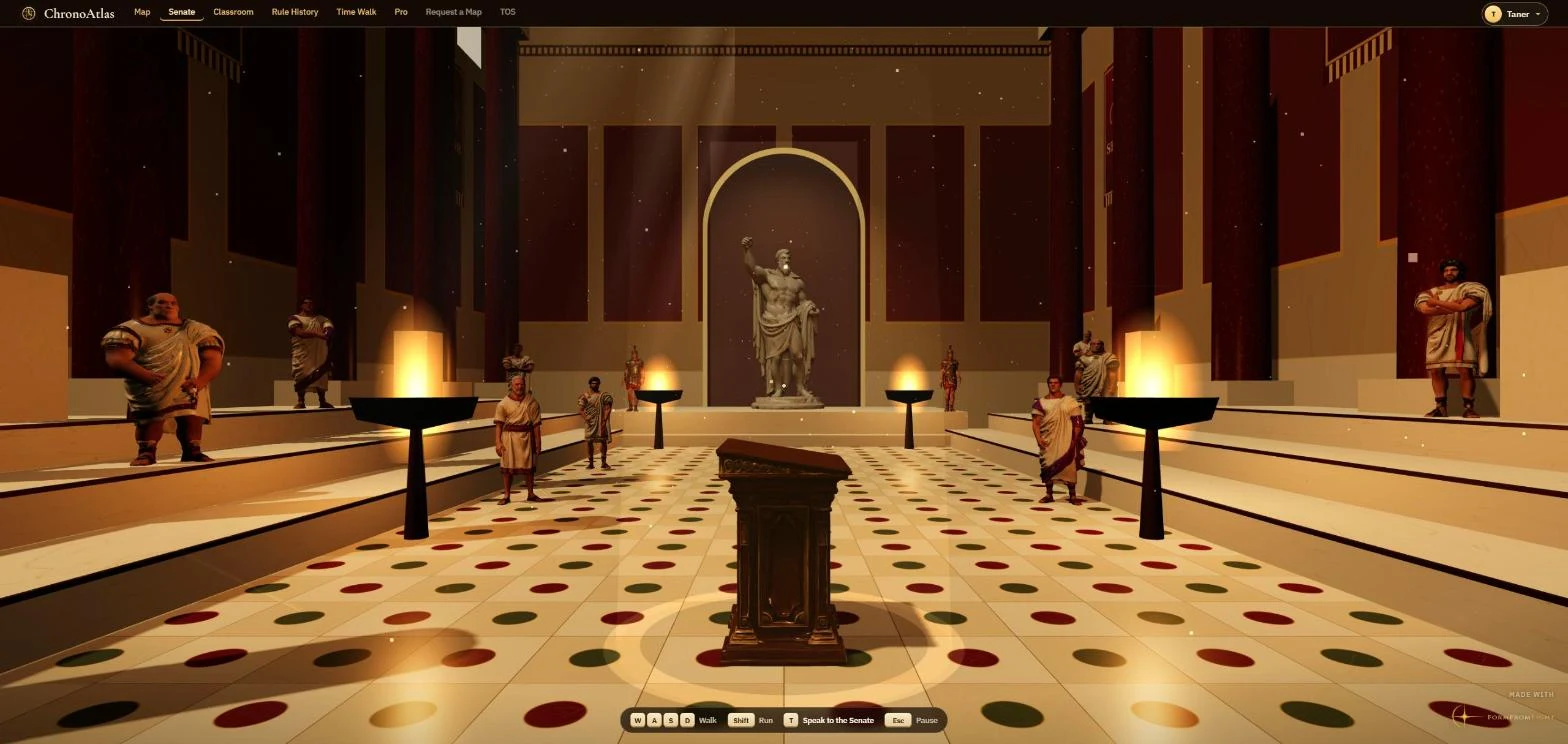 Inside the Curia in first person: the speaker\x27s lectern, senators on the benches, braziers and the statue at the far end