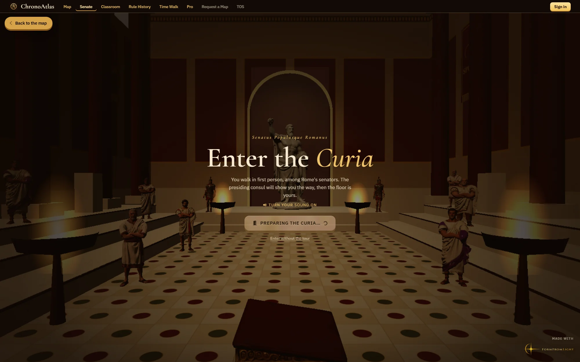 The Senate on chronoatlas.nl: the entrance to the 3D Curia with a list of real motions from the Roman Republic