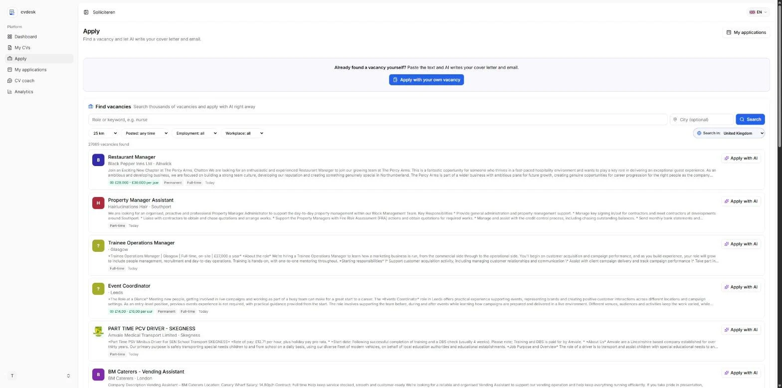 The Apply page inside cvdesk: a vacancy search with filters, the country switch, and an Apply with AI button on every vacancy