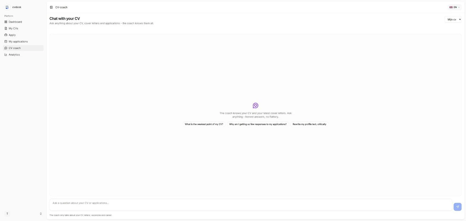 The CV coach chat inside cvdesk with suggested questions about the weakest point of the CV and why applications get few replies