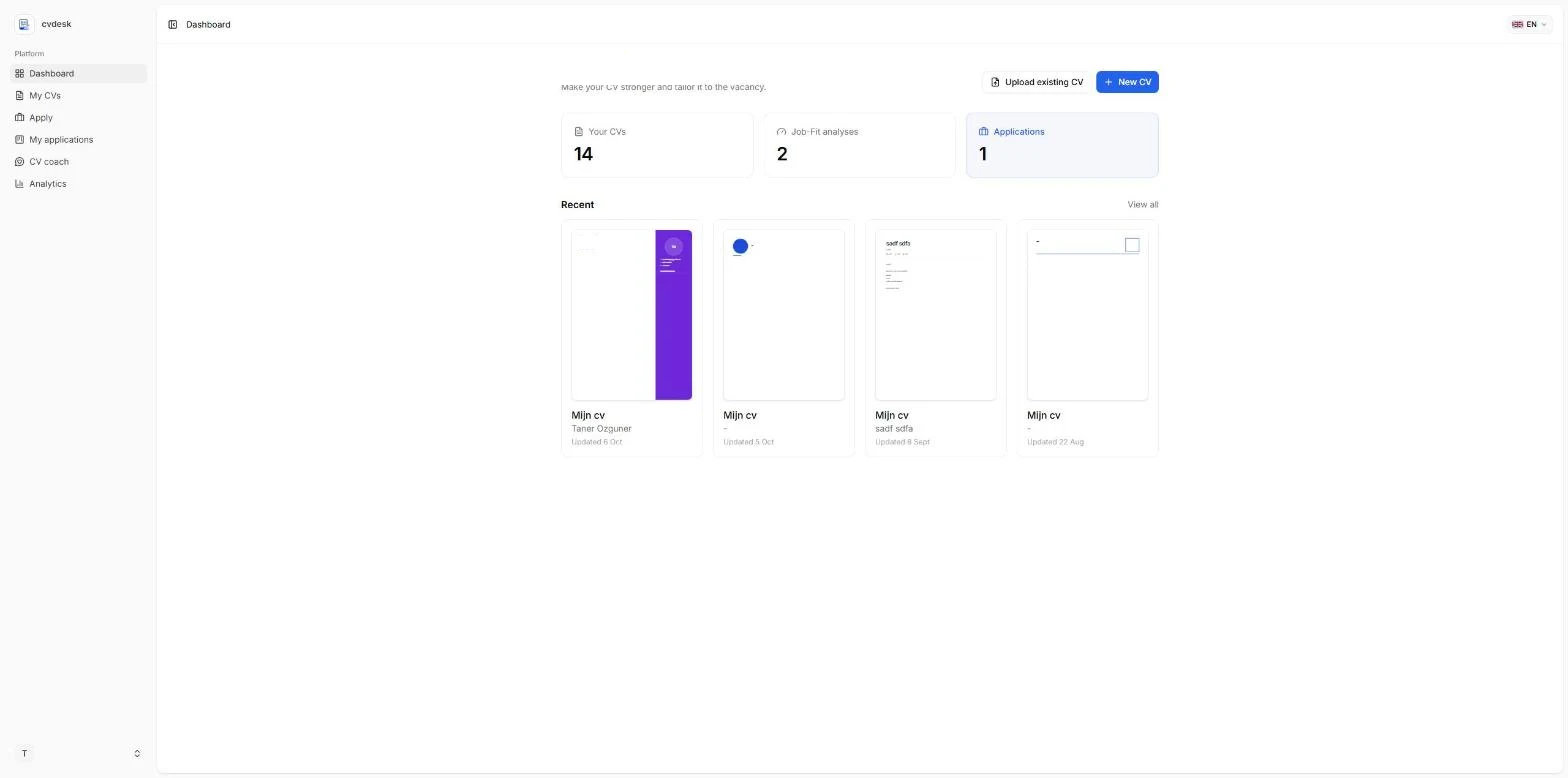 The cvdesk dashboard with counts for CVs, Job-Fit analyses and applications, and recent CV thumbnails