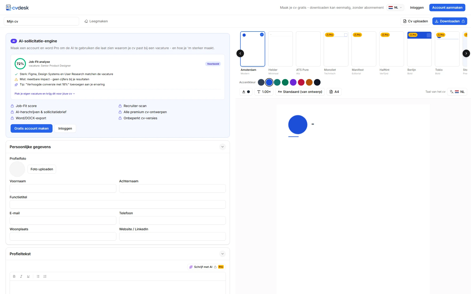 The cvdesk editor without an account: the form on the left, the design strip and the live preview on the right