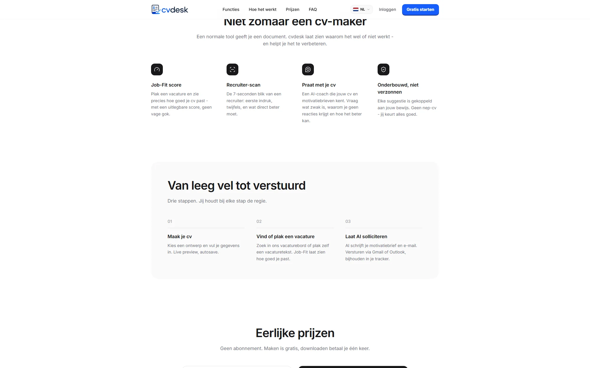 The AI features section on cvdesk.nl: Job-Fit, recruiter scan, talk to your CV, and evidence-based suggestions