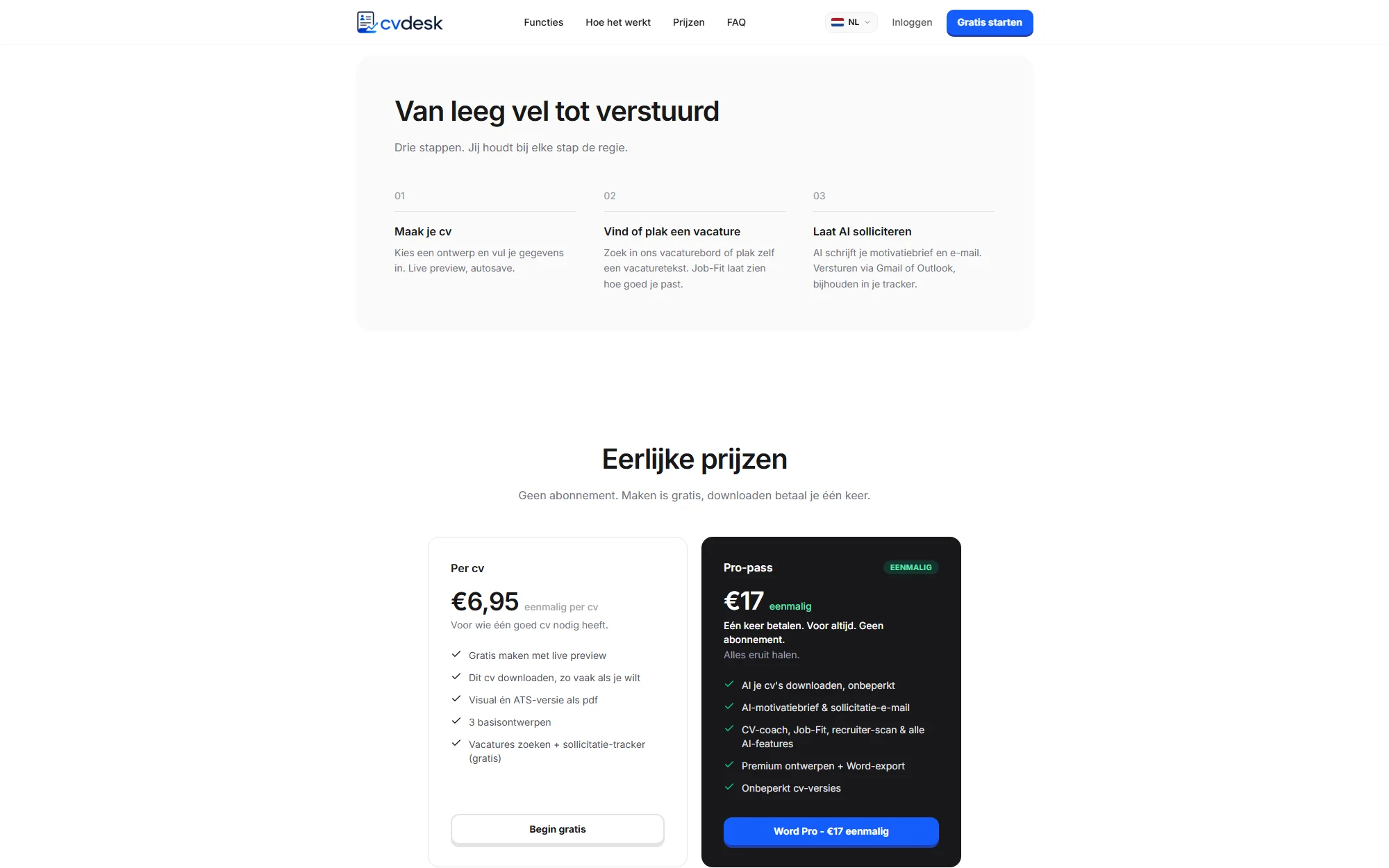 The three steps on cvdesk.nl: build your CV, find or paste a vacancy, let AI apply