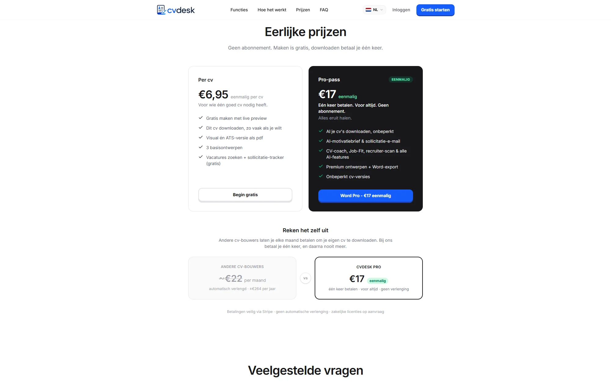 The pricing section on cvdesk.nl: per CV for €6.95 next to the Pro pass for €17, with the comparison against subscription builders