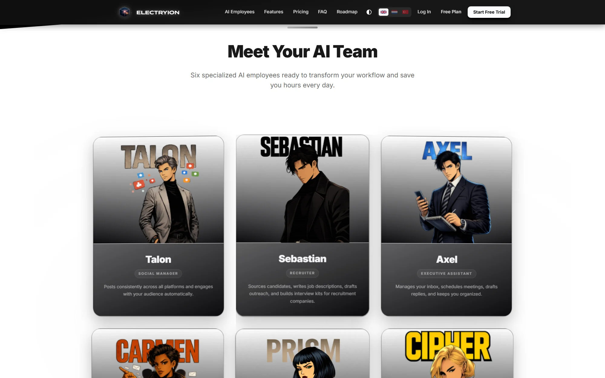 The six AI employees on the Electryion homepage, each with a portrait and a one-line role