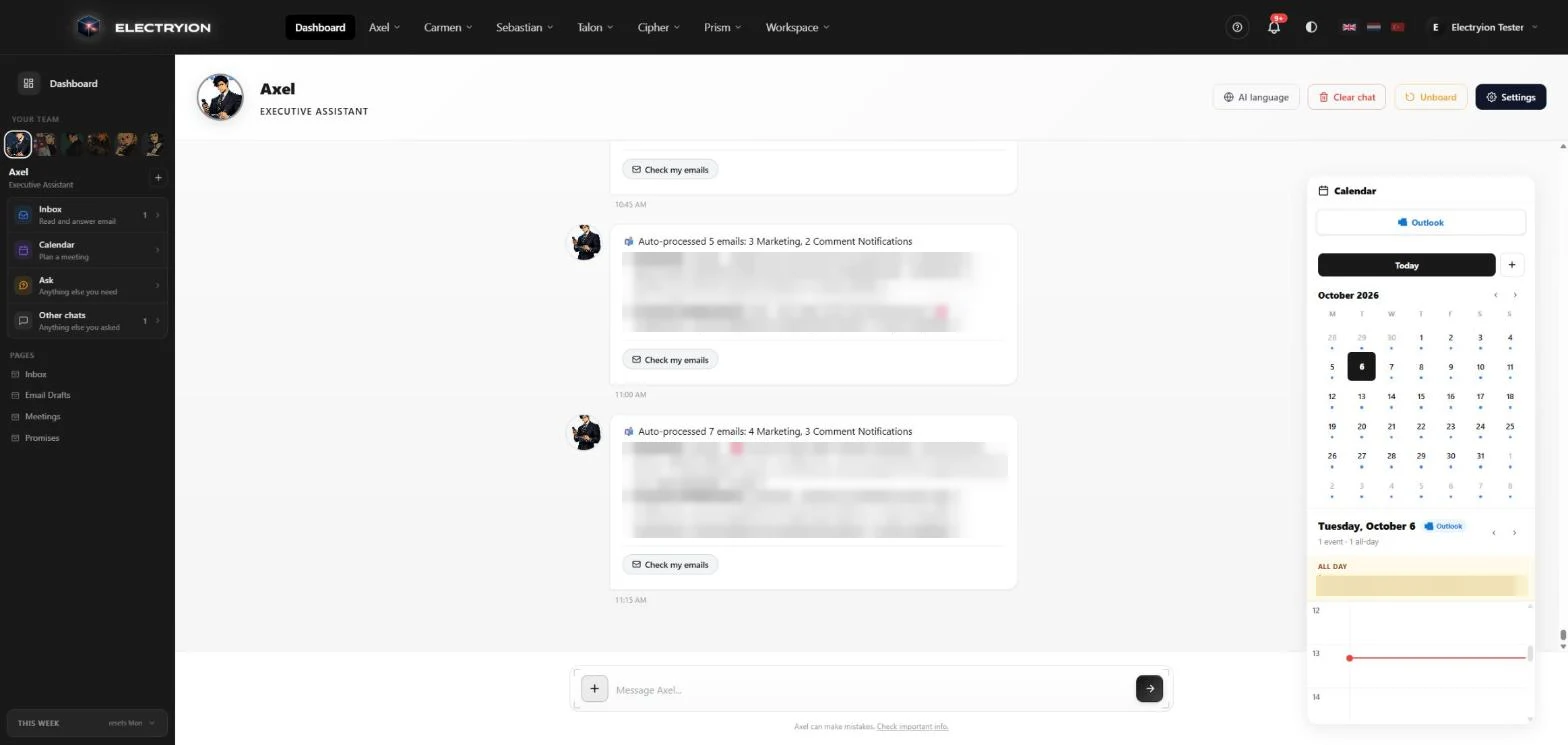 Axel\x27s chat with auto-processed email summaries grouped by label, Check my emails buttons, and the connected Outlook calendar on the right