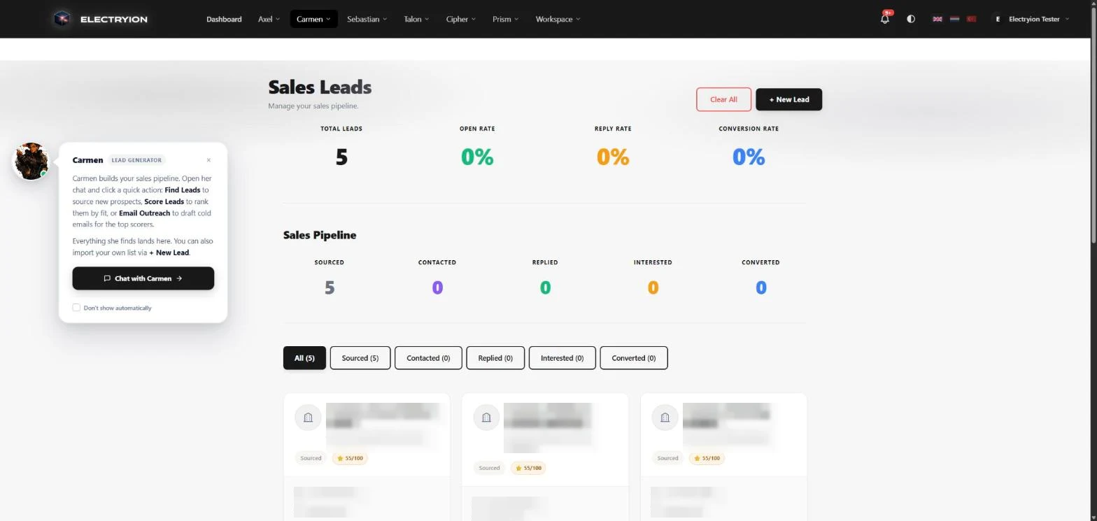 Carmen\x27s sales leads page: total leads, open, reply and conversion rates, a sourced-to-converted pipeline and lead cards with fit scores