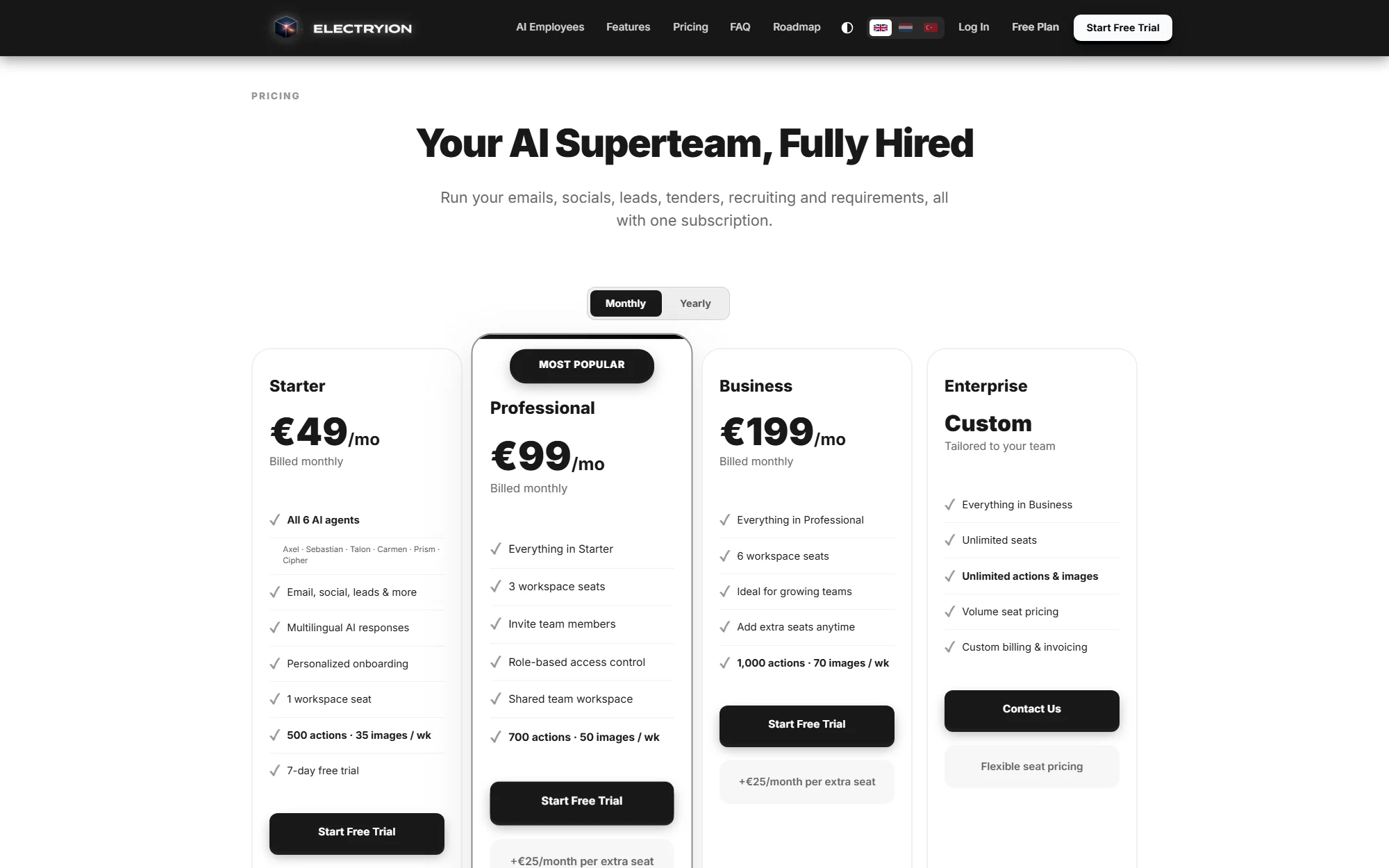 The pricing section on electryion.com with four plan cards and a monthly or yearly toggle