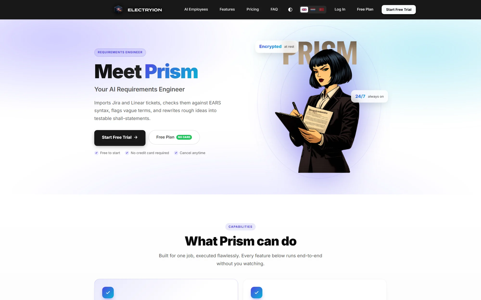 The page for Prism, the AI requirements engineer, explaining the EARS rewrite flow