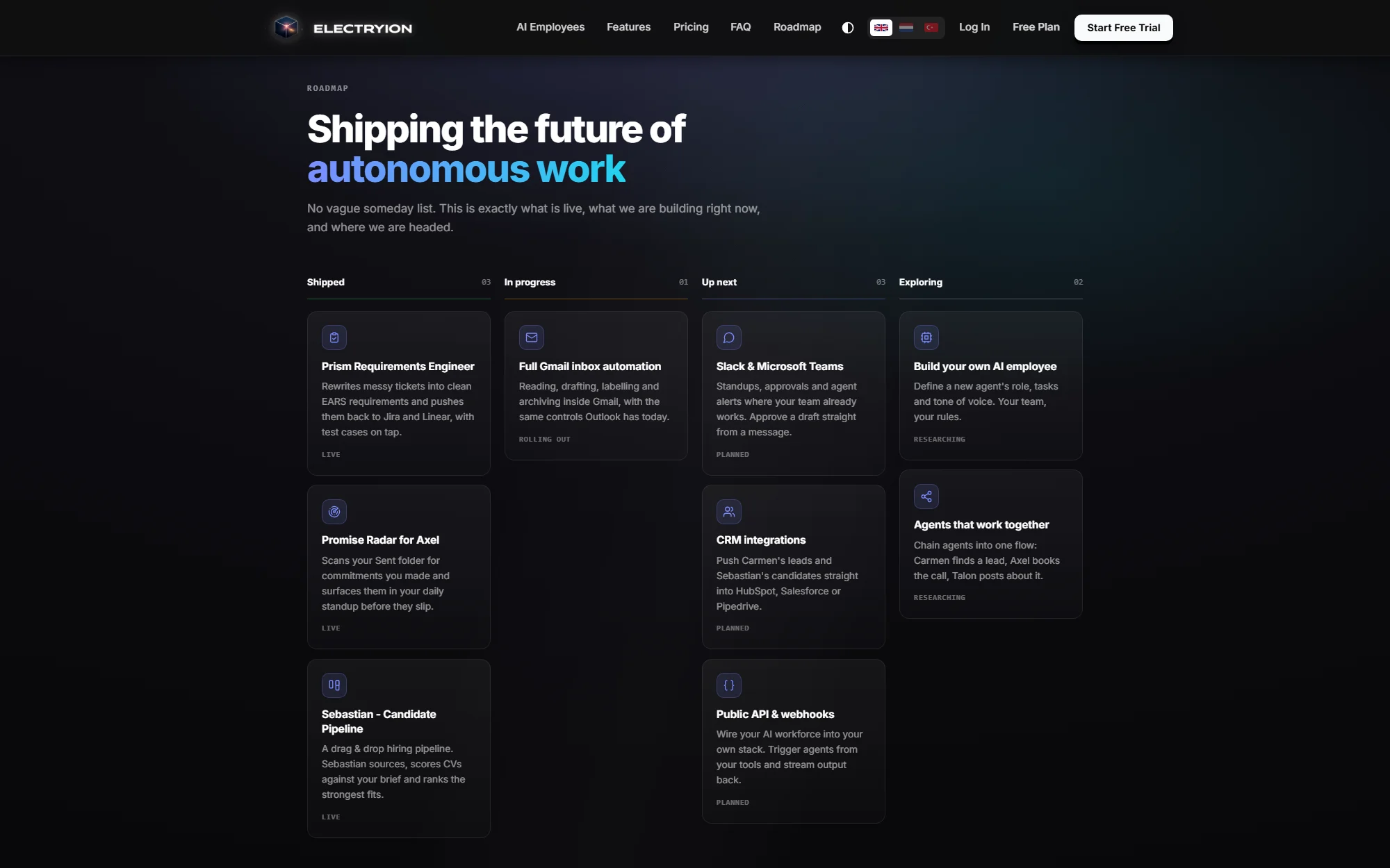 The public roadmap on electryion.com with shipped, live, in progress, planned and exploring columns