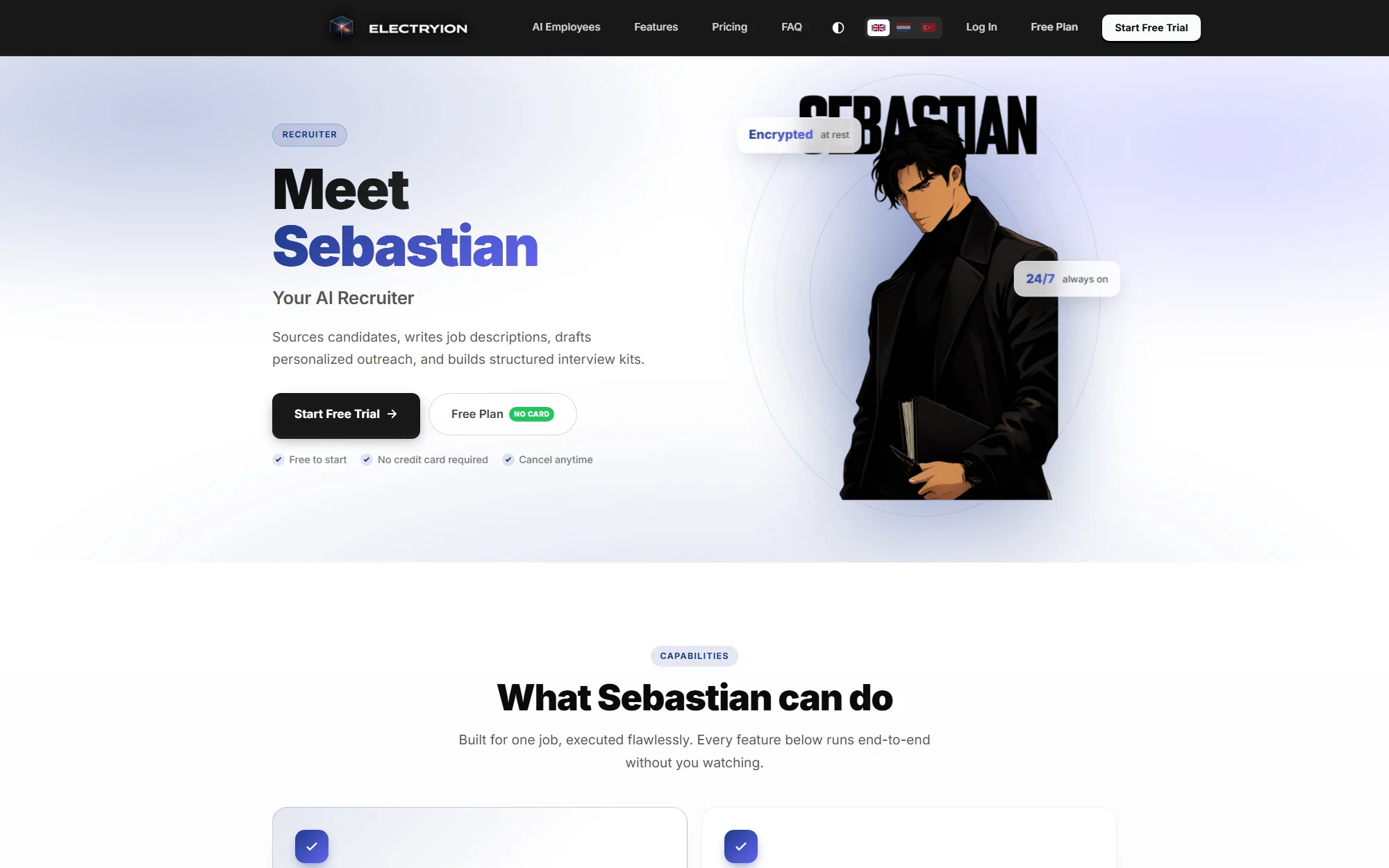 The page for Sebastian, the AI recruiter, with the three steps from defining a role to interviewing a shortlist