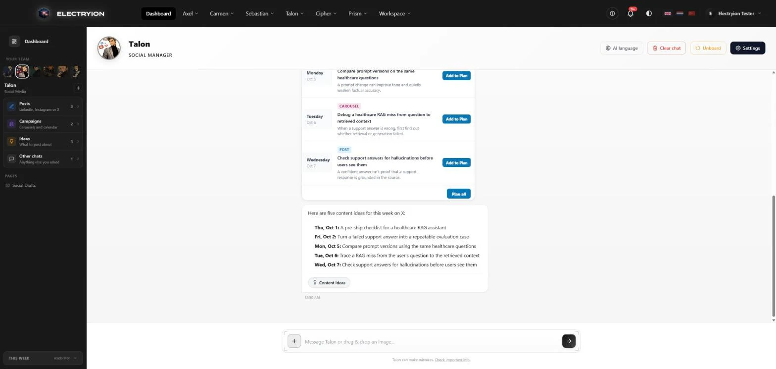 Talon\x27s chat with a week plan of posts, each with an Add to Plan button, and five content ideas for X