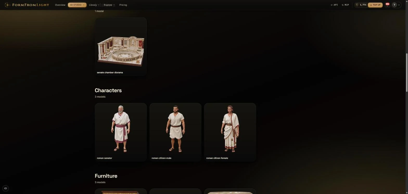 Models inside the Roman Senate kit: a senate chamber diorama and three Roman characters