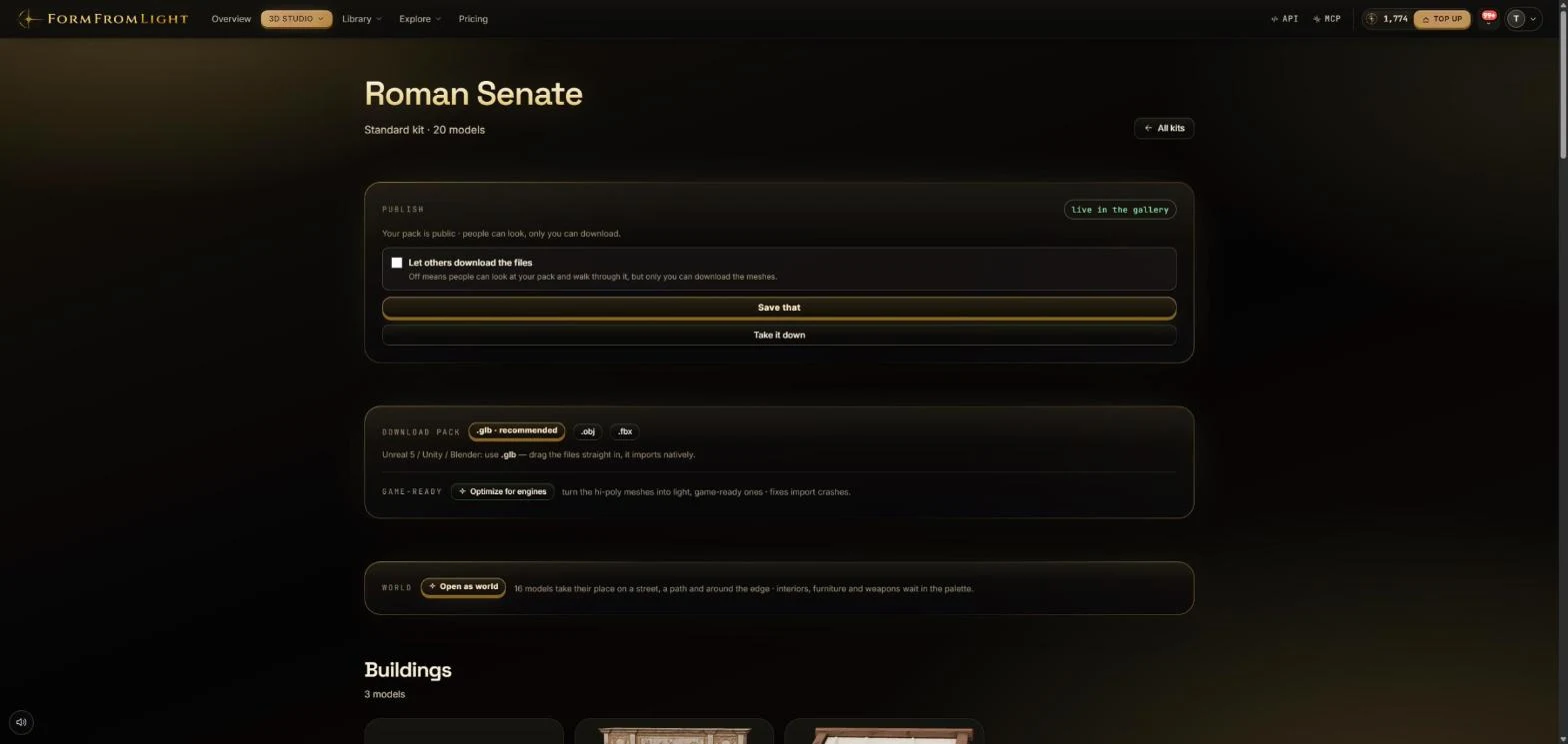The Roman Senate kit page: publish settings, download pack formats, optimize for engines, and open as world