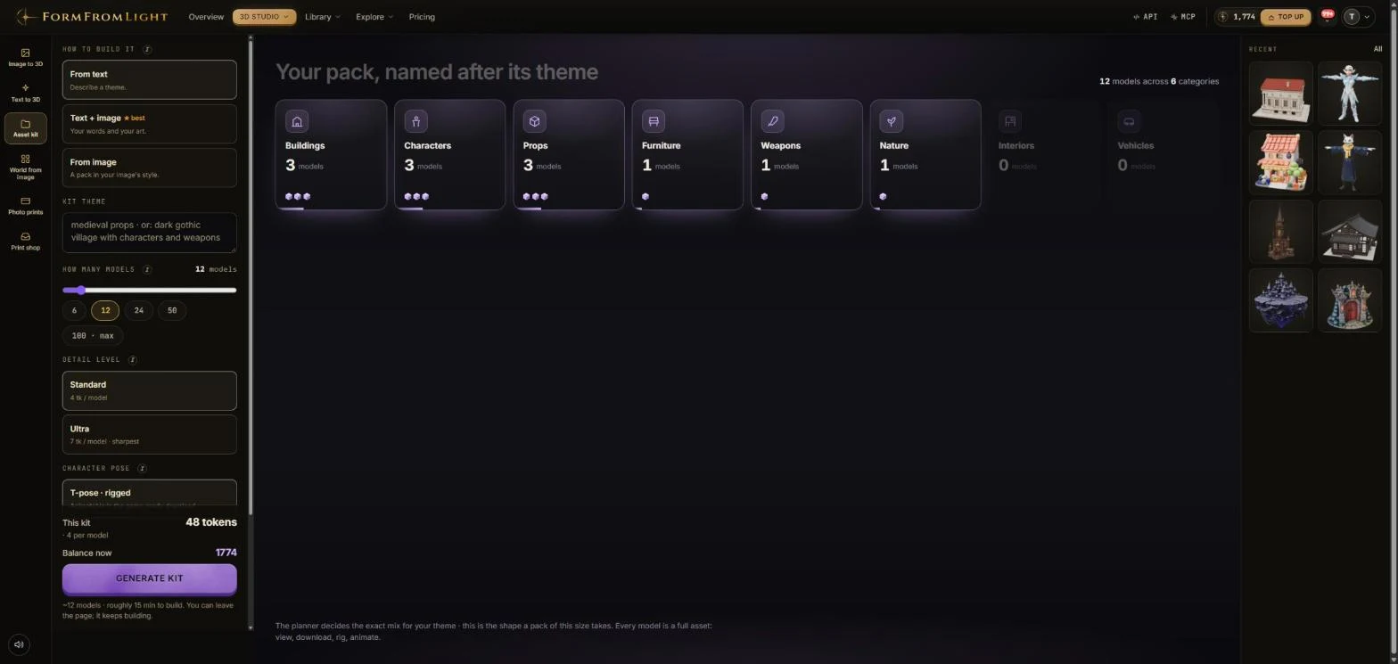 The asset kit builder: theme prompt, number of models, detail level, character pose, and the planned category mix
