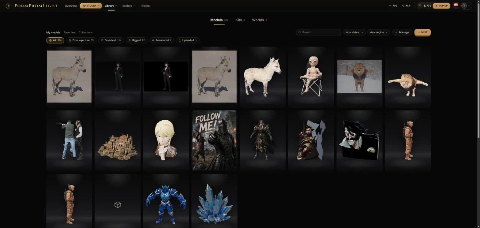 The FormFromLight library of a working account: 384 models filtered by origin, 8 kits and 2 worlds