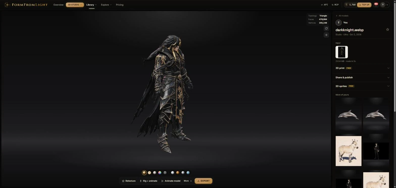 A model page with an armoured dark knight in the viewer, mesh statistics, material modes, and the retexture, rig, animate and export actions