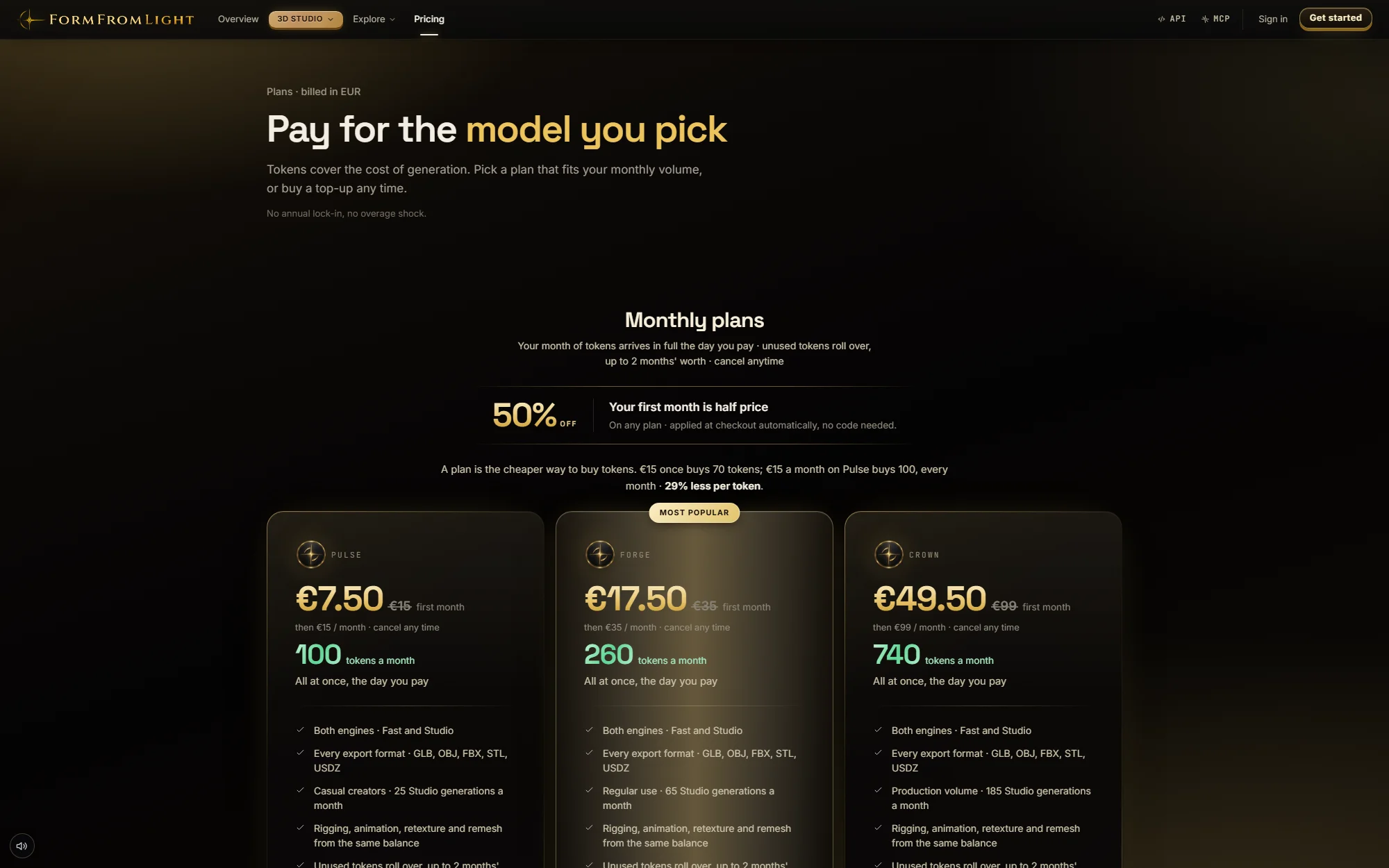 The pricing page with three monthly plans and one-time token packs