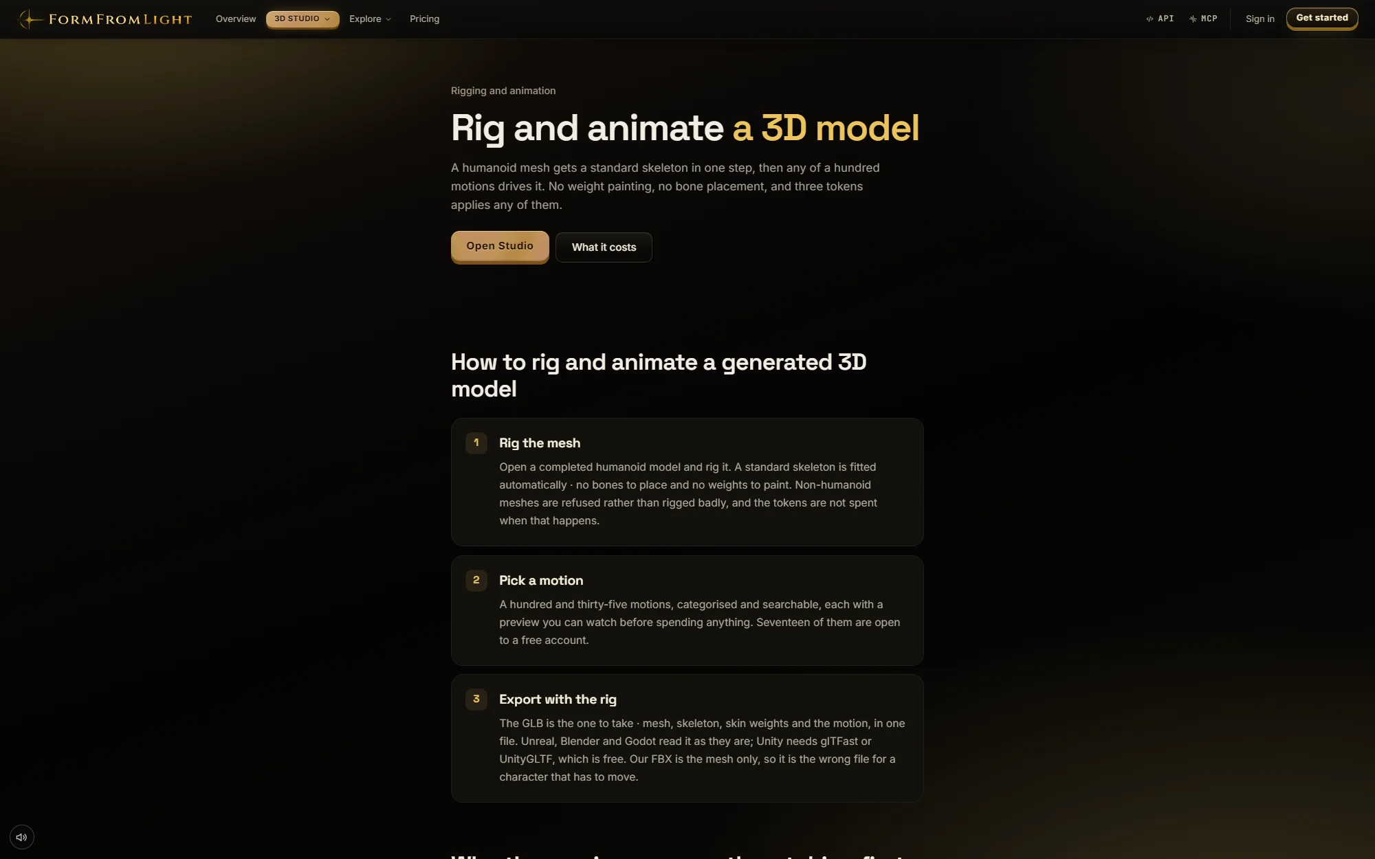 The rig and animate page showing the three-step flow from mesh to animated character