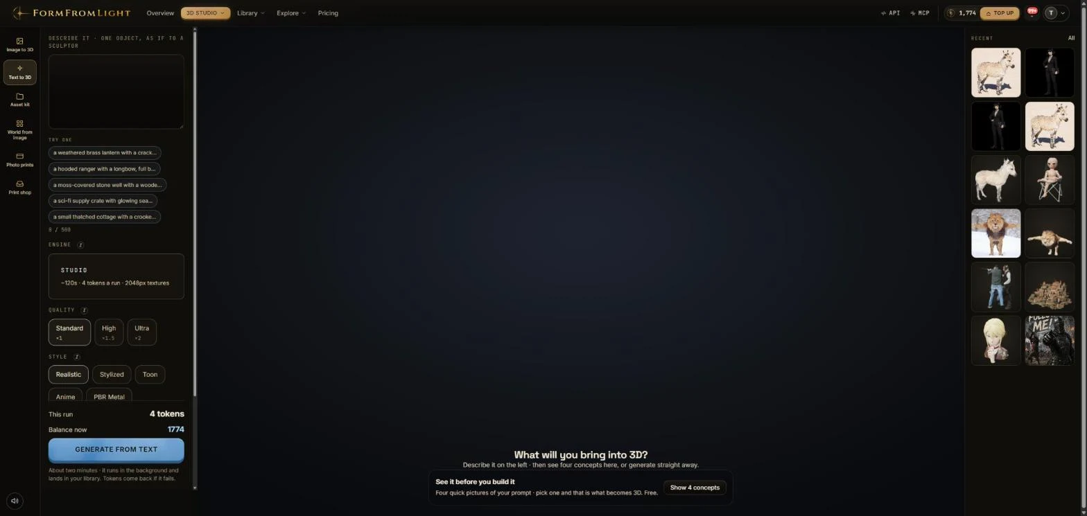 The Text to 3D studio with example prompts, engine, quality and style choices, and the option to see four concepts first