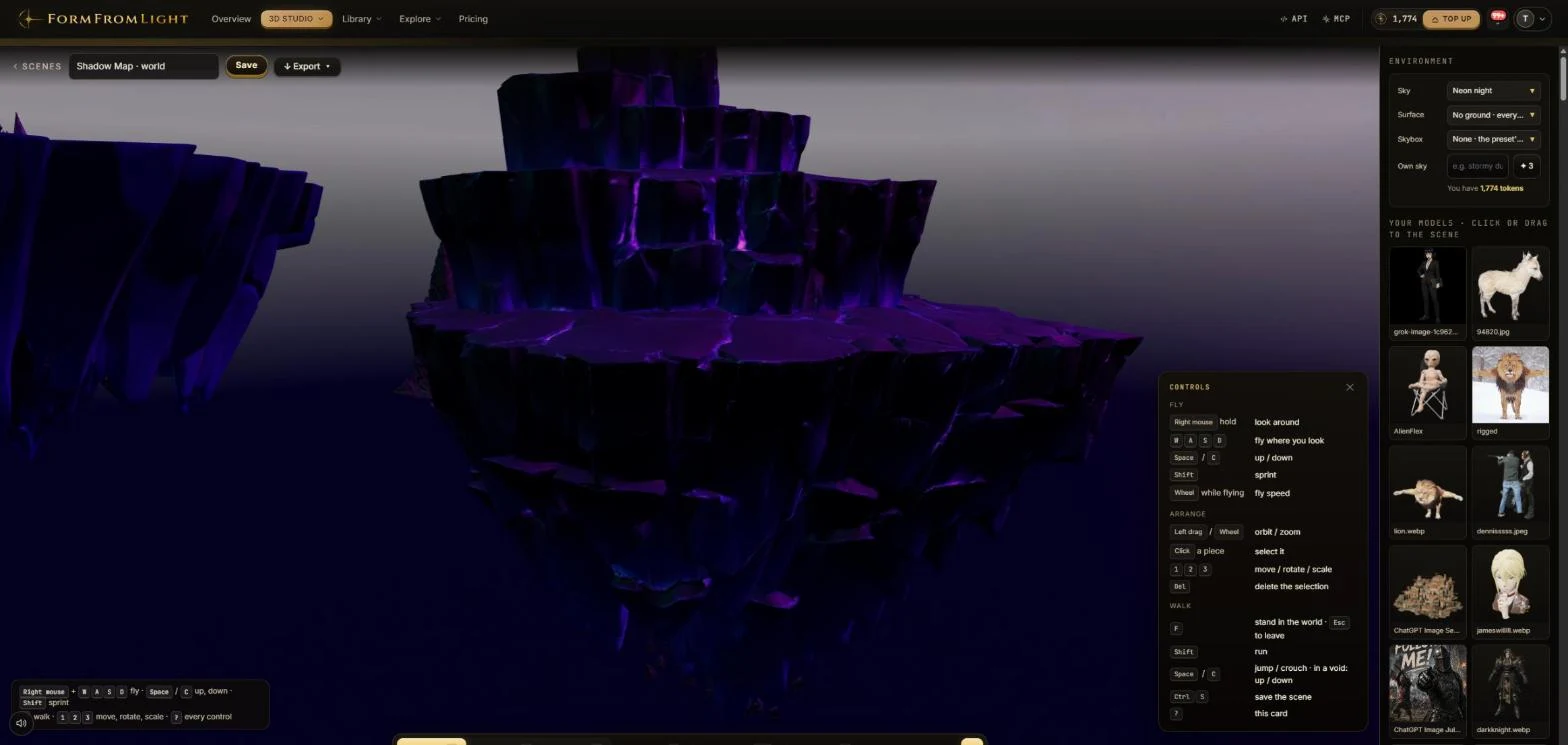 The world editor with a floating neon-lit rock world, the controls card, the environment panel and the model palette
